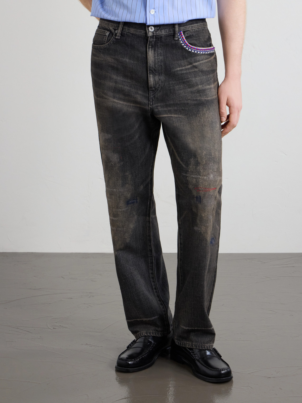 Savage Straight -Leg Bead-Embellished Distressed Jeans