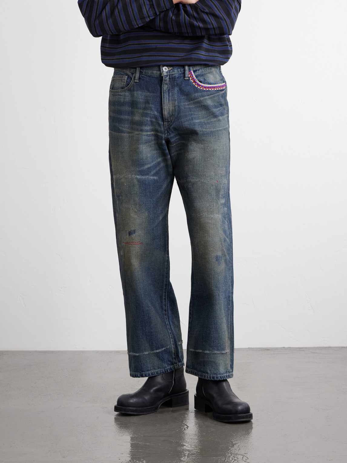 Savage Wide-Leg Bead-Embellished Distressed Jeans