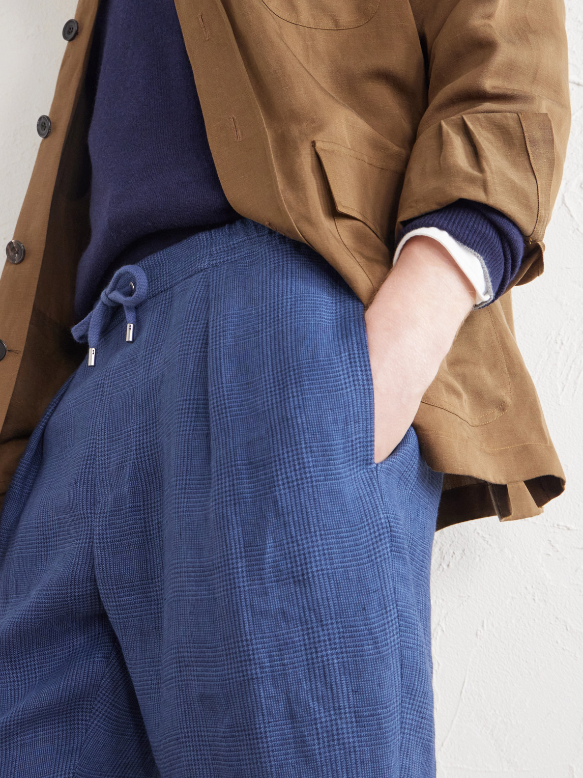 Purple Label - Straight-Leg Pleated Prince Of Wales Checked Linen Drawstring Trousers