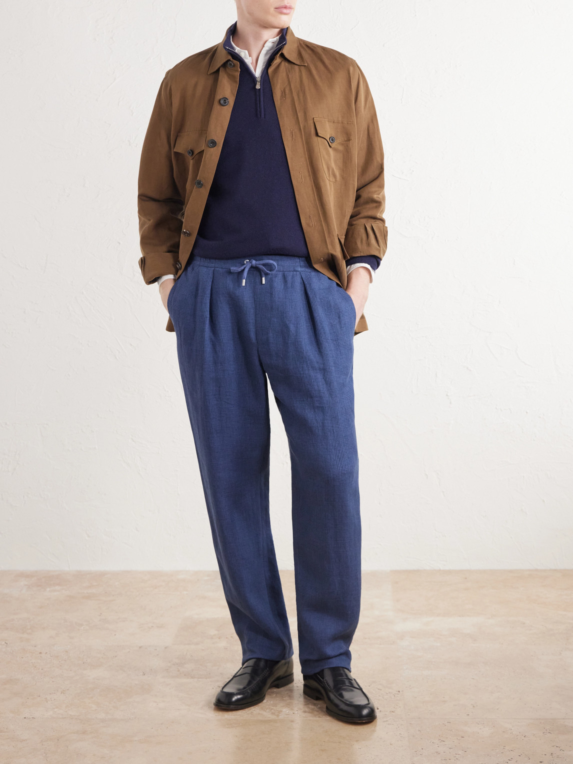 Purple Label - Straight-Leg Pleated Prince Of Wales Checked Linen Drawstring Trousers