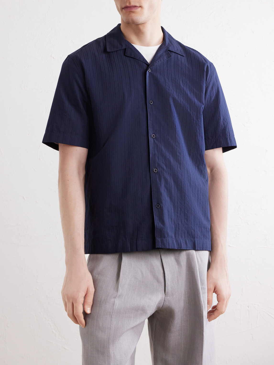 Camp-Collar Textured-Cotton Shirt