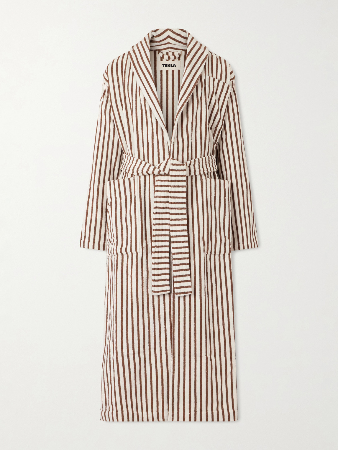 Tekla Belted Striped Organic Cotton-terry Robe In Neutral