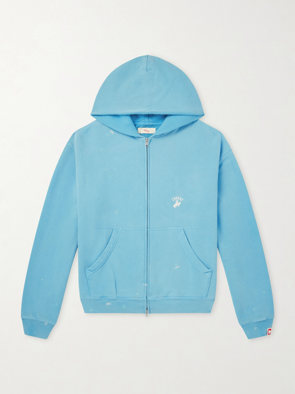 Cherry Los Angeles Logo-embroidered Paint-splattered Cotton-jersey Zip-up Hoodie In Blue