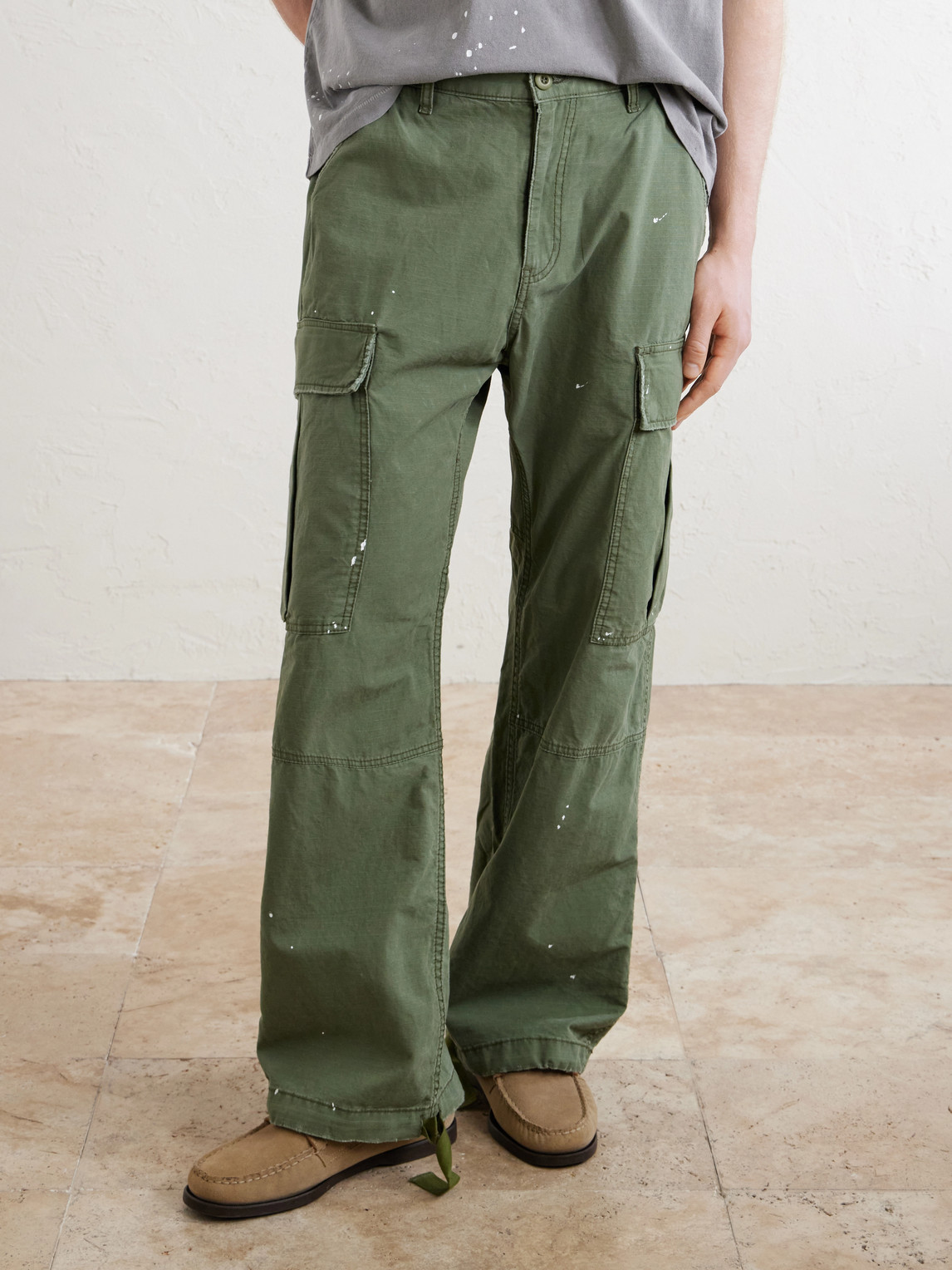  Cherry Los Angeles - Wide-leg Paint-splattered Cotton-ripstop Cargo Trousers - Men - Green - Uk/us 28 