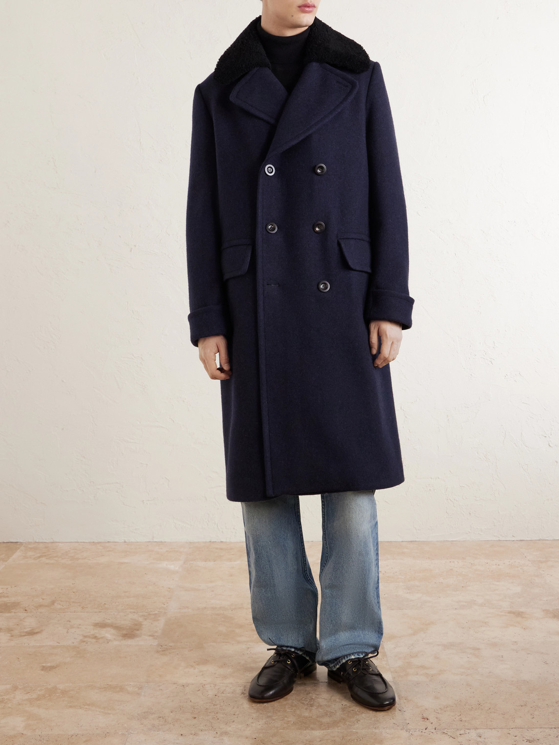  Private White V.c. - The Admiral's Great Shearling-trimmed Merino Wool And Cashmere-blend Coat - Men - Blue - 3 
