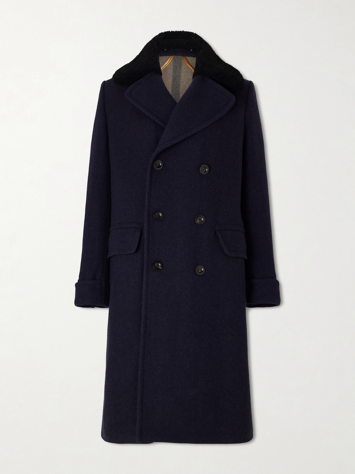 Private White V.c. The Admiral's Great Shearling-trimmed Merino Wool And Cashmere-blend Coat In Blue