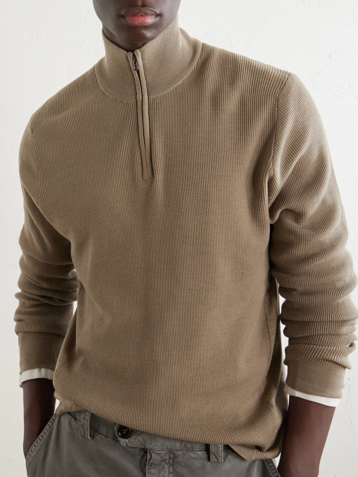 Waffle-Knit Virgin Wool Half-Zip Sweater
