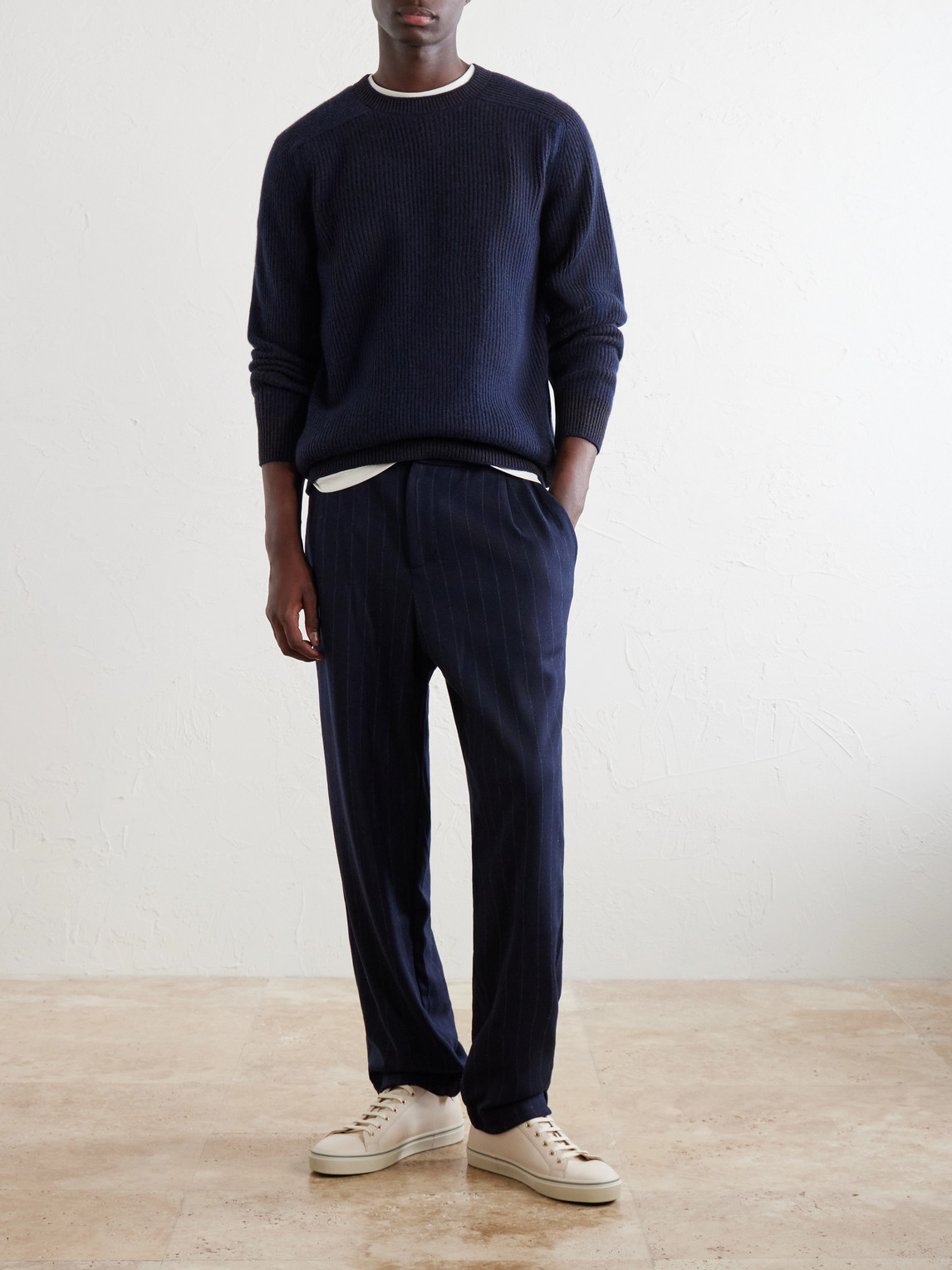 Tapered Pinstriped Wool-Blend Trousers