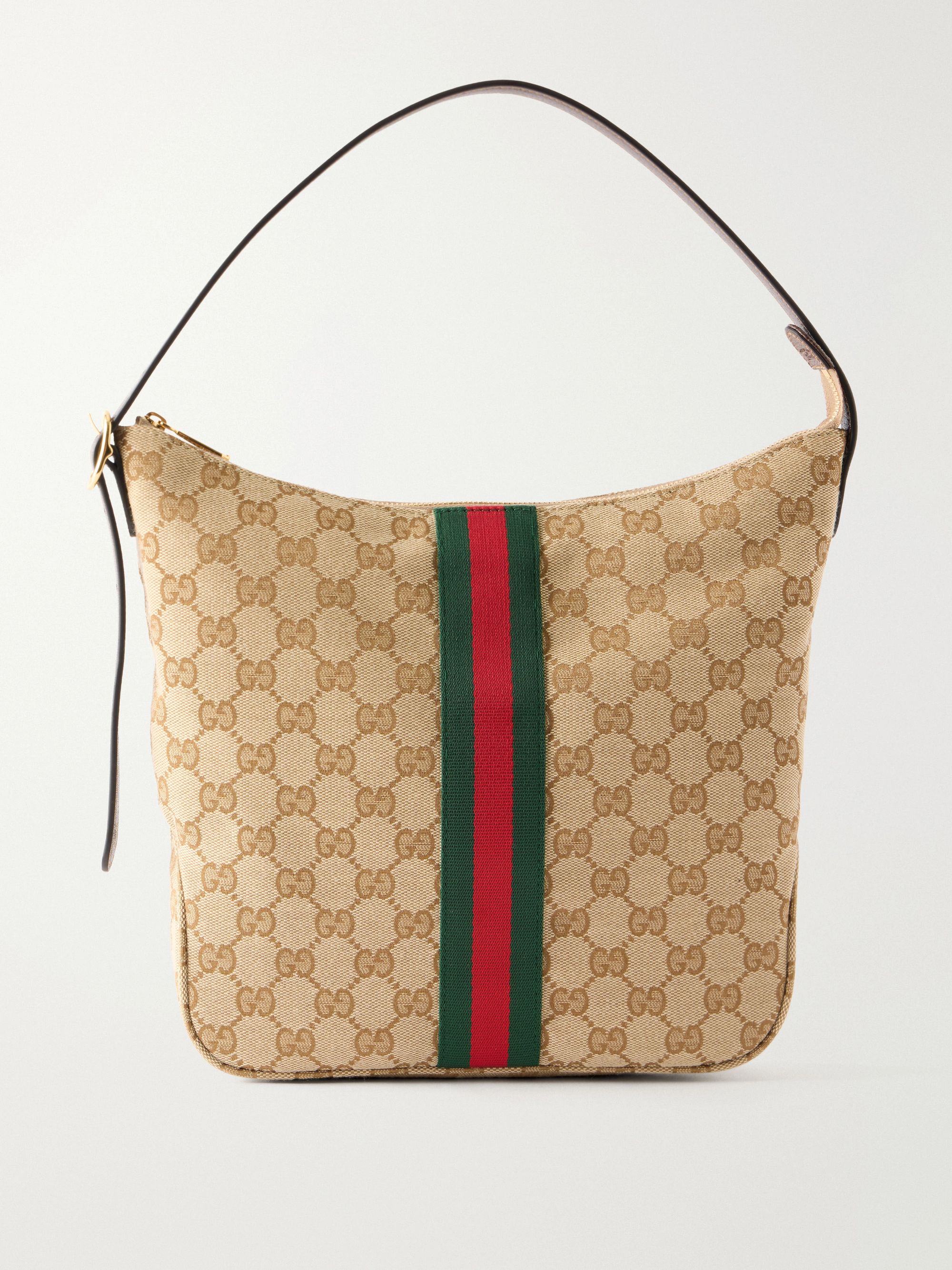 GUCCI Lunetta Webbing and Leather-Trimmed Monogrammed Canvas Shoulder Bag