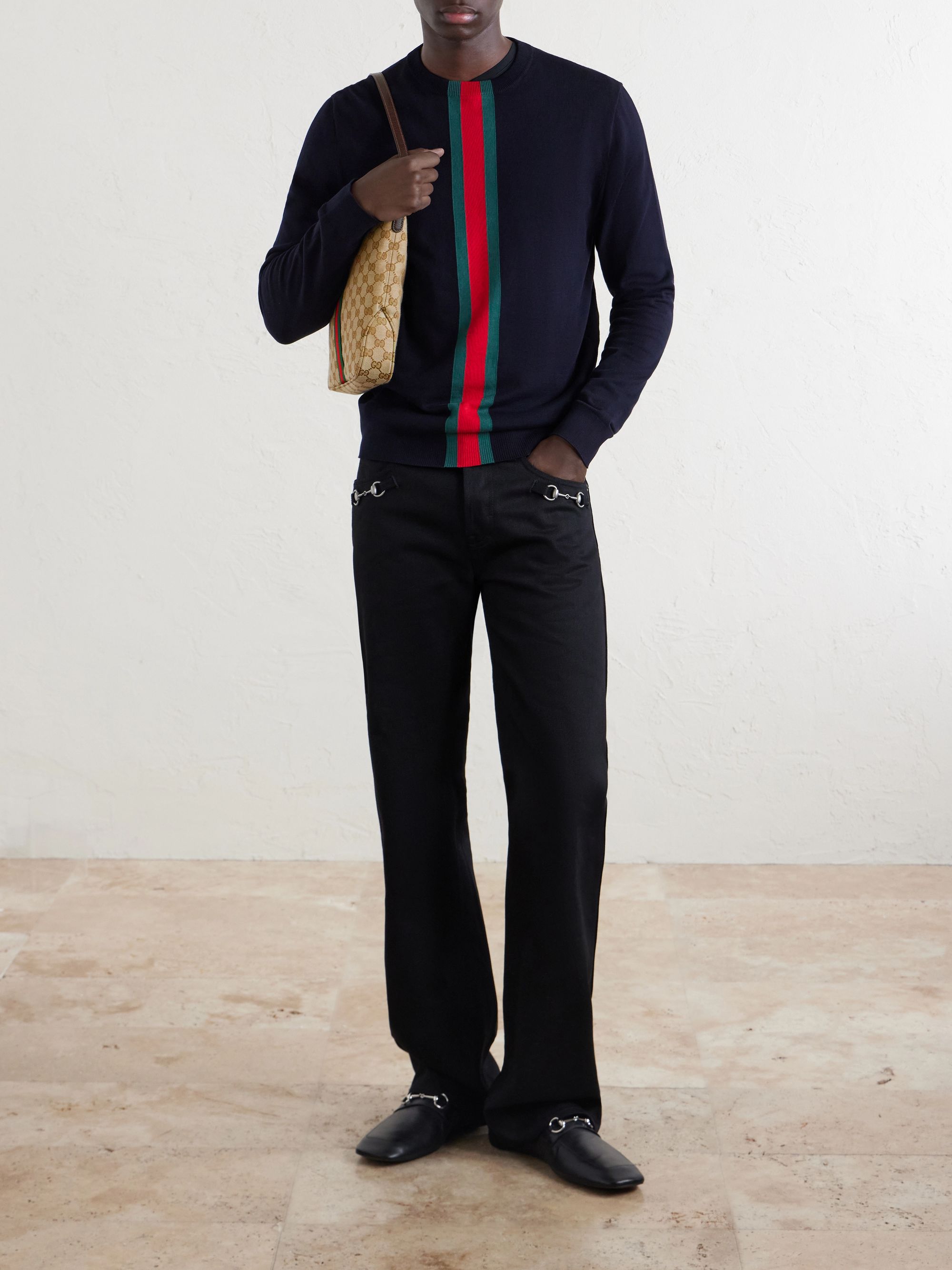 GUCCI Lunetta Webbing and Leather-Trimmed Monogrammed Canvas Shoulder Bag