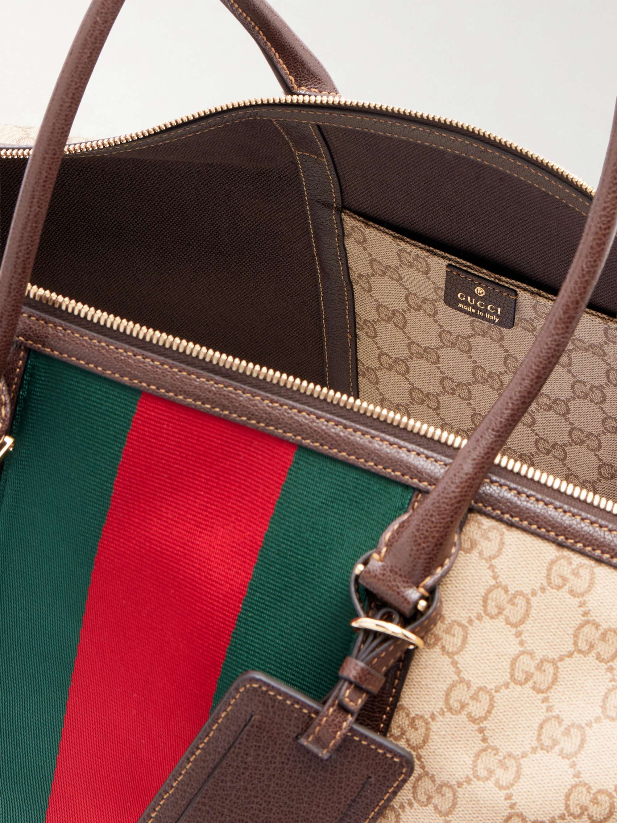GUCCI Webbing and Leather-Trimmed Monogrammed Canvas Tote Bag for