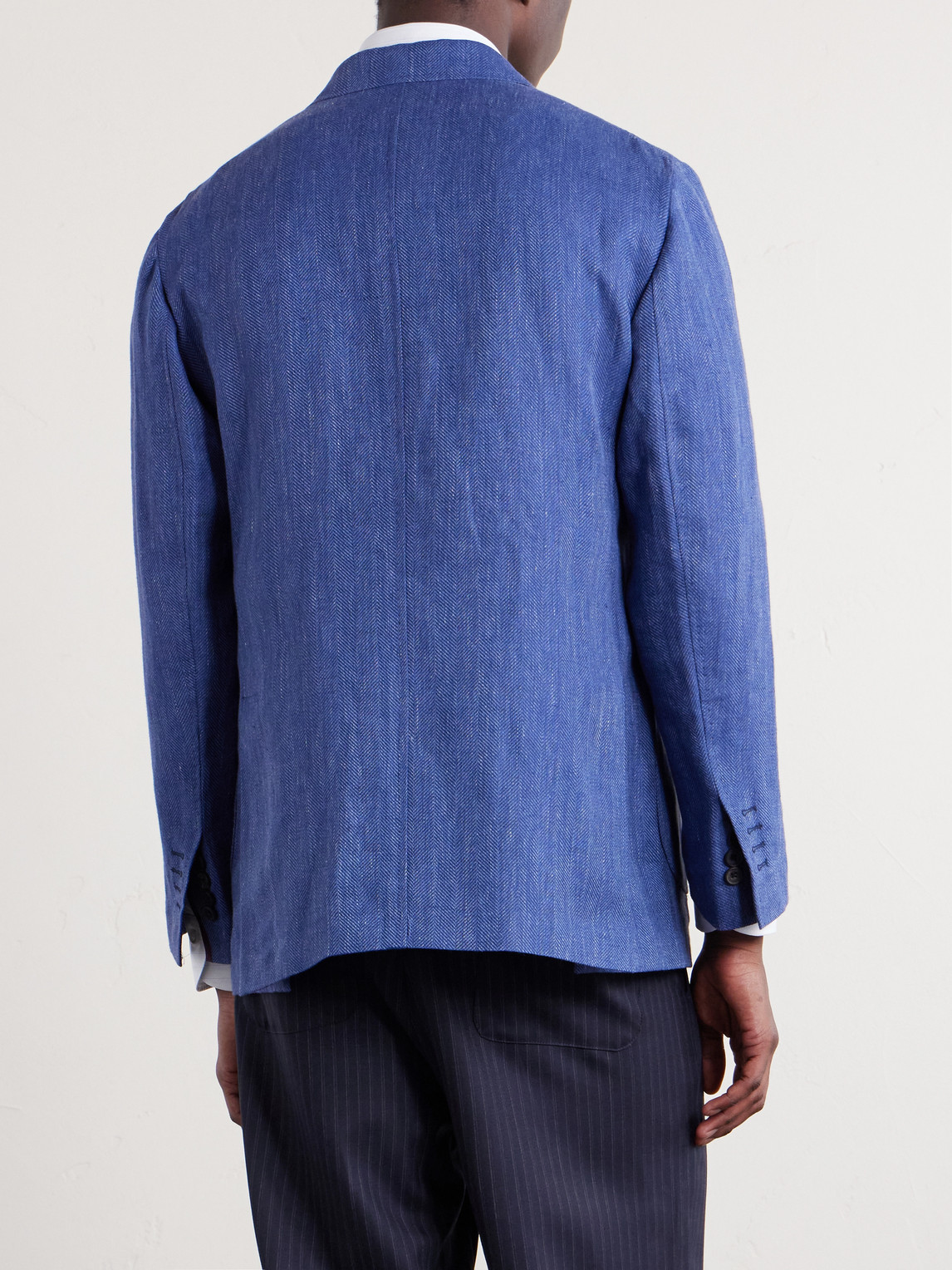 Rubinacci Double-breasted Linen And Wool-blend Suit Jacket In Blue