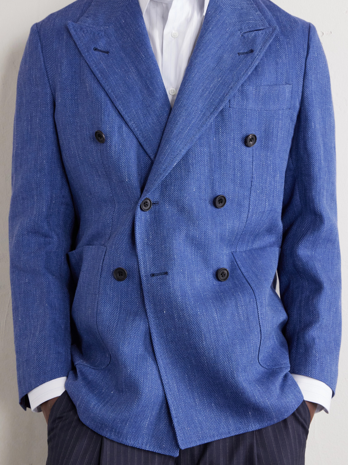 Rubinacci Double-breasted Linen And Wool-blend Suit Jacket In Blue