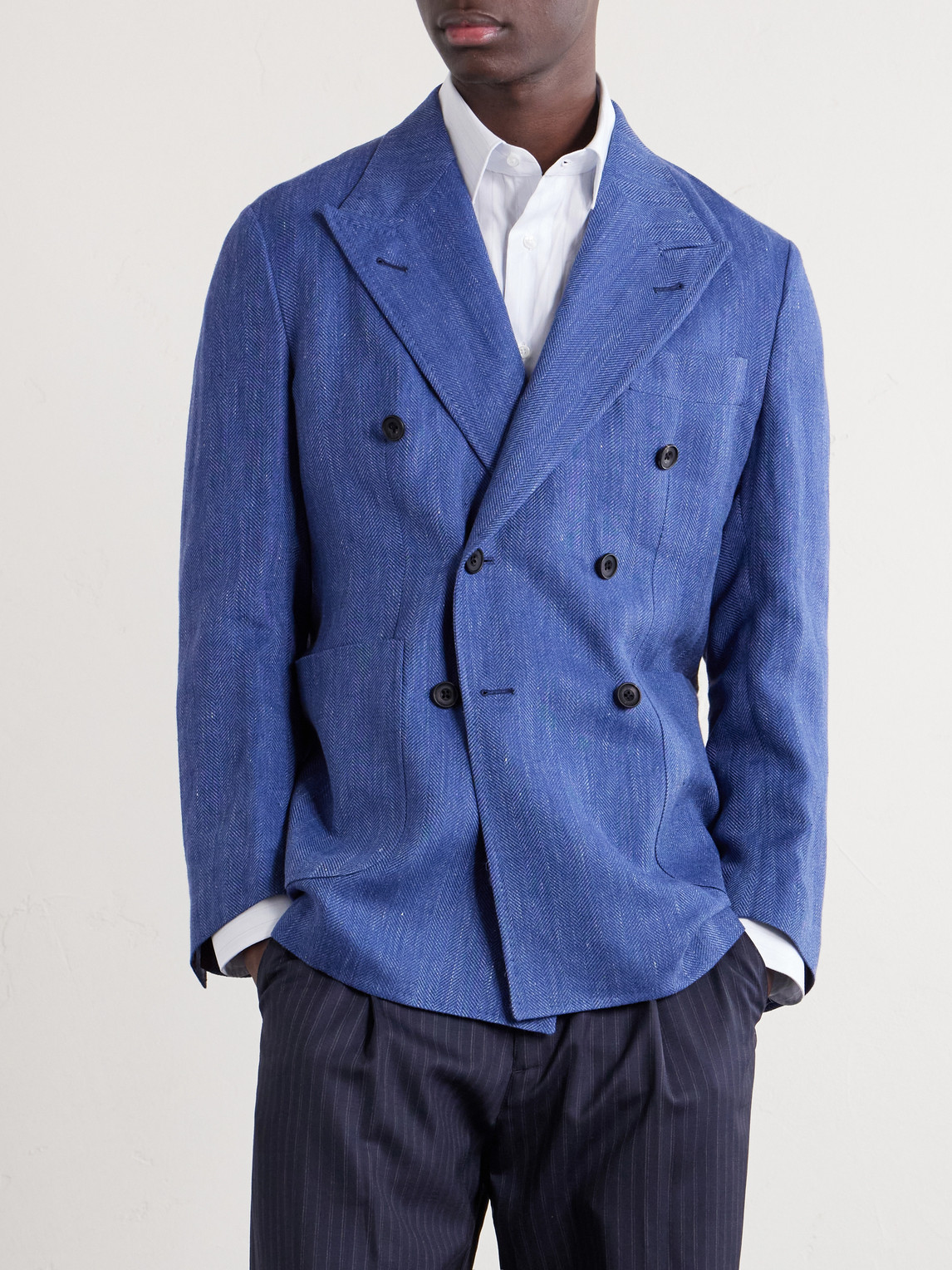Rubinacci Double-breasted Linen And Wool-blend Suit Jacket In Blue