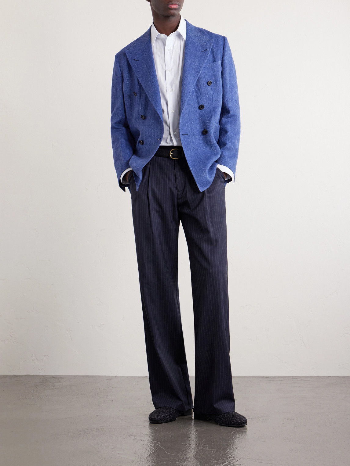 Rubinacci Double-breasted Linen And Wool-blend Suit Jacket In Blue