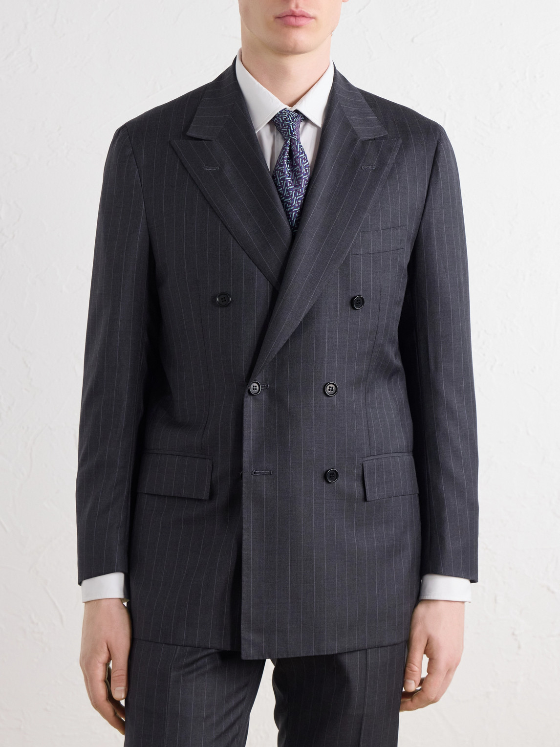 Double-Breasted Pinstriped Wool Suit Jacket