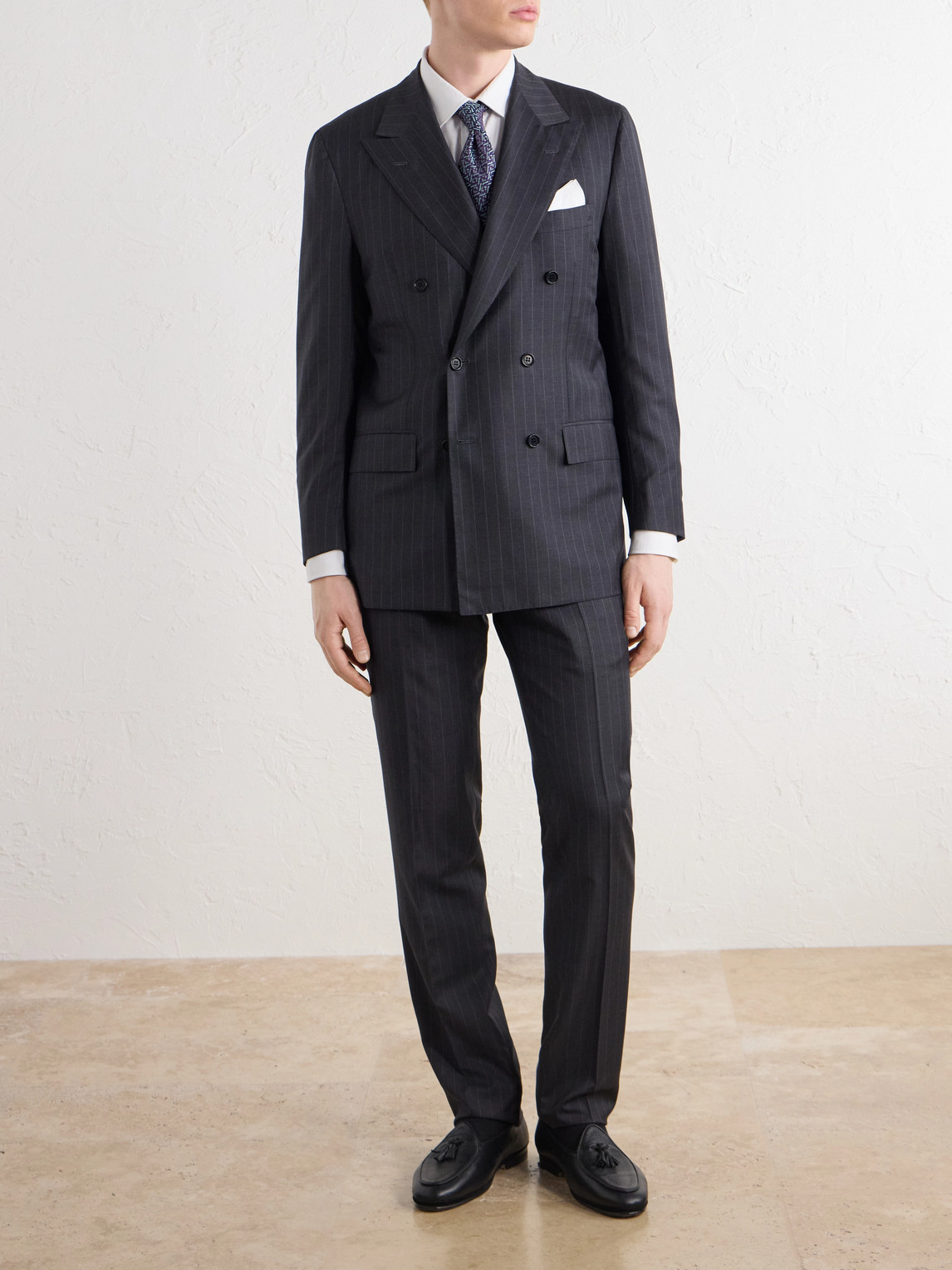 Double-Breasted Pinstriped Wool Suit Jacket