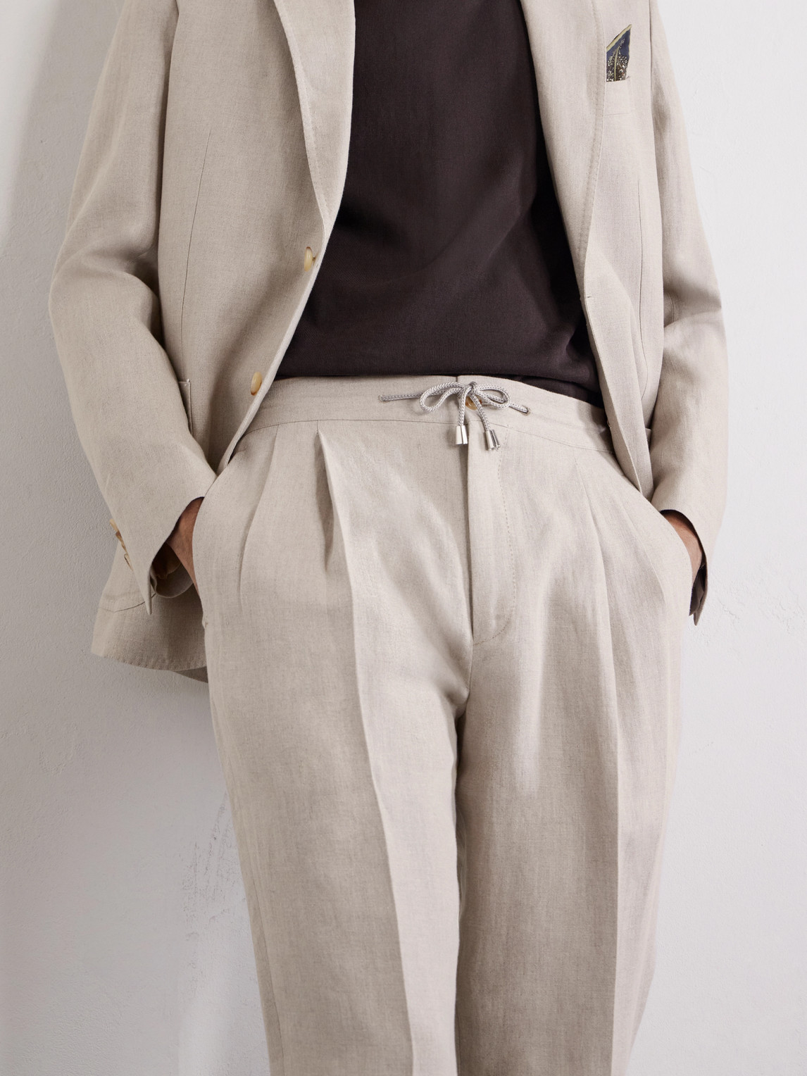 Straight-Leg Pleated Linen Suit Trousers