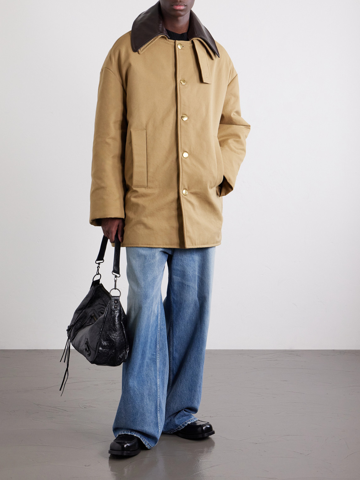 Leather-Trimmed Cotton-Canvas Coat