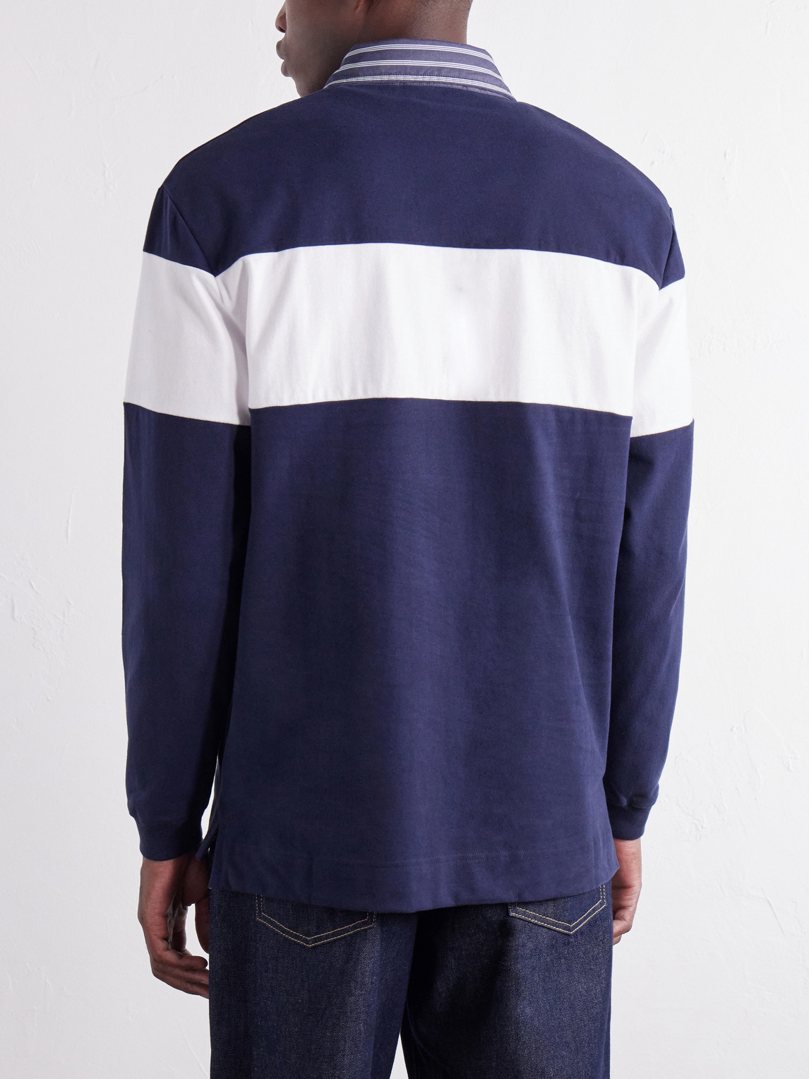 Logo-Embroidered Striped Poplin-Trimmed Cotton-Jersey Sweater