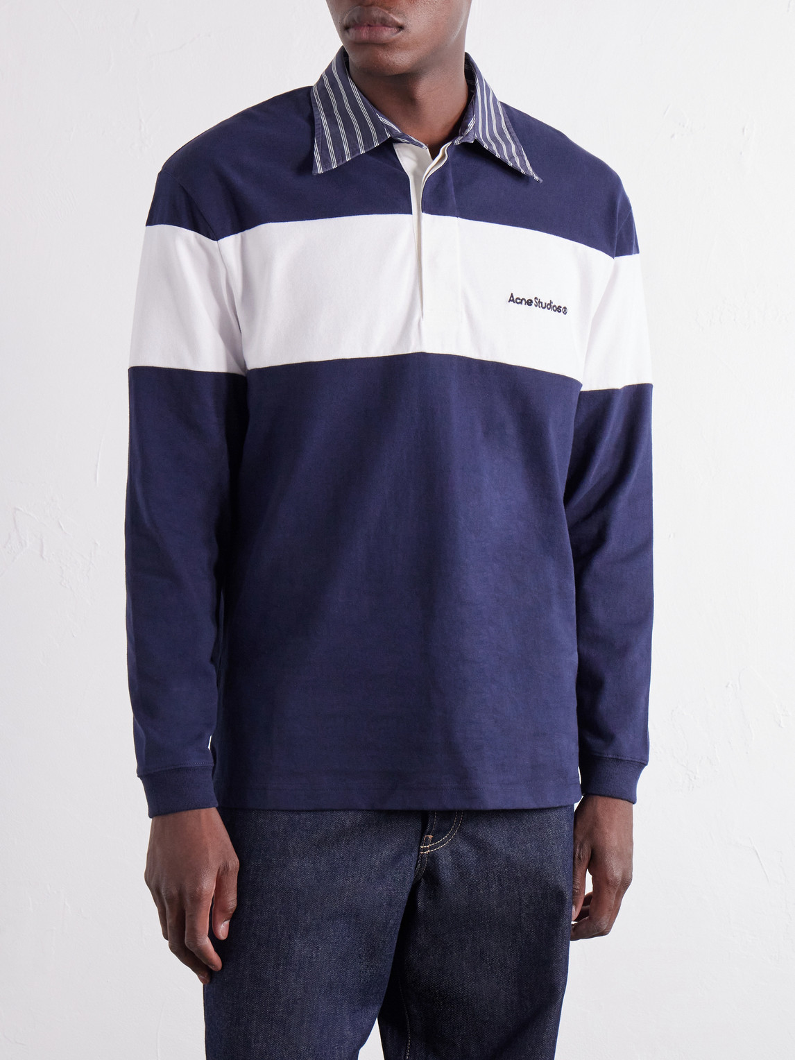 Logo-Embroidered Striped Poplin-Trimmed Cotton-Jersey Sweater