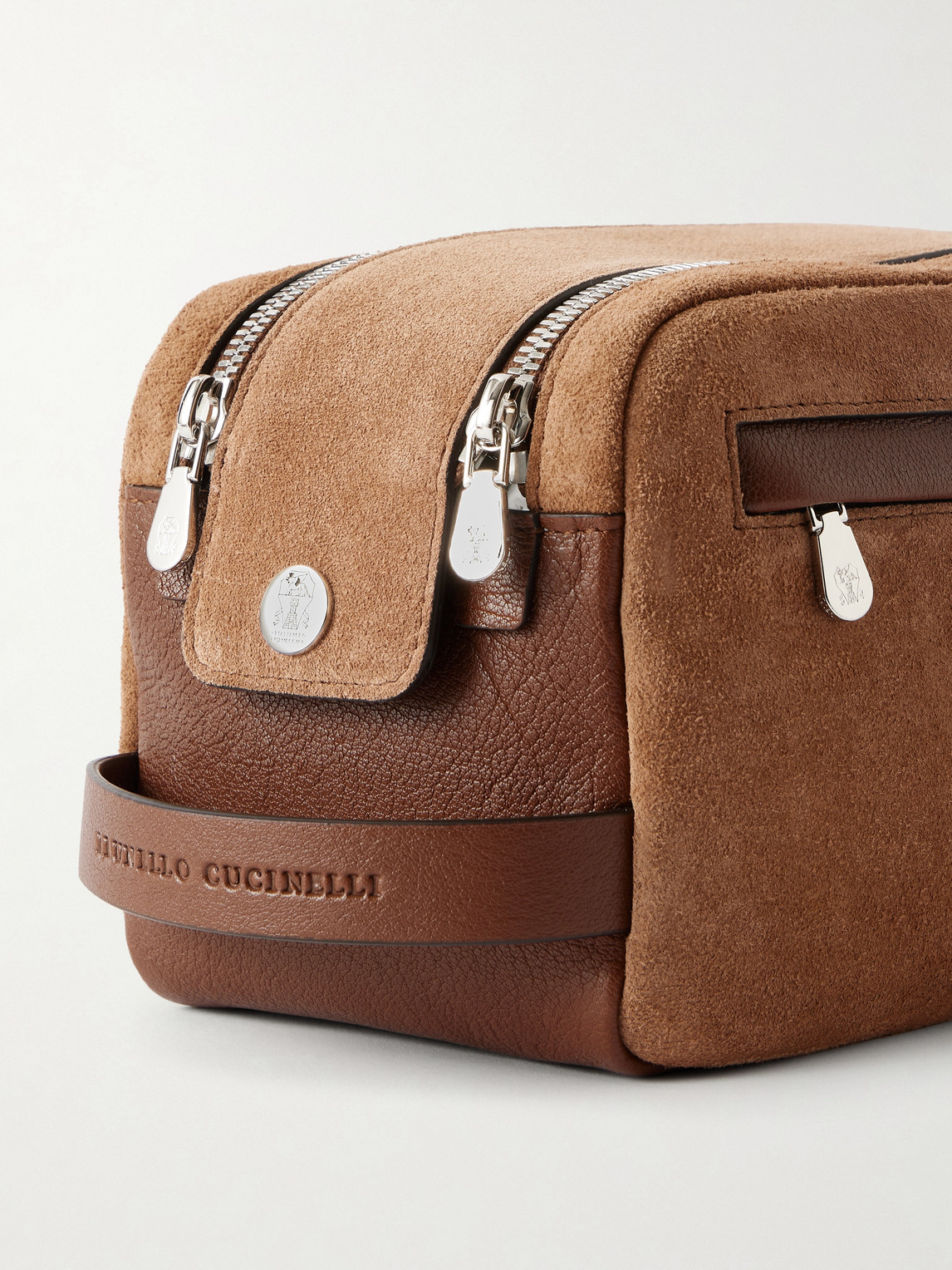 Brunello Cucinelli Leather-trimmed Suede Wash Bag In Brown