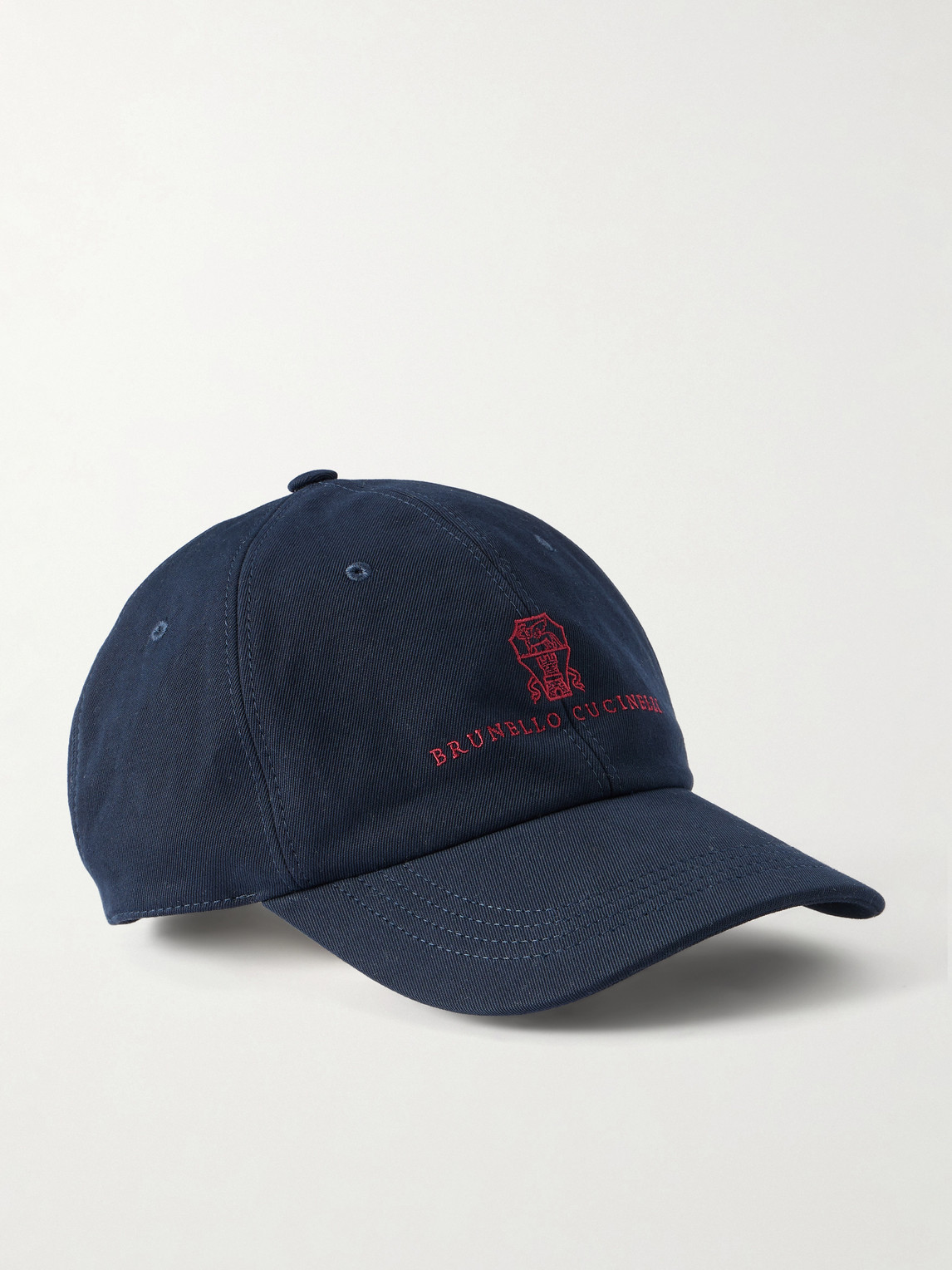 Brunello Cucinelli Logo-embroidered Leather-trimmed Cotton-twill Baseball Cap In Blue