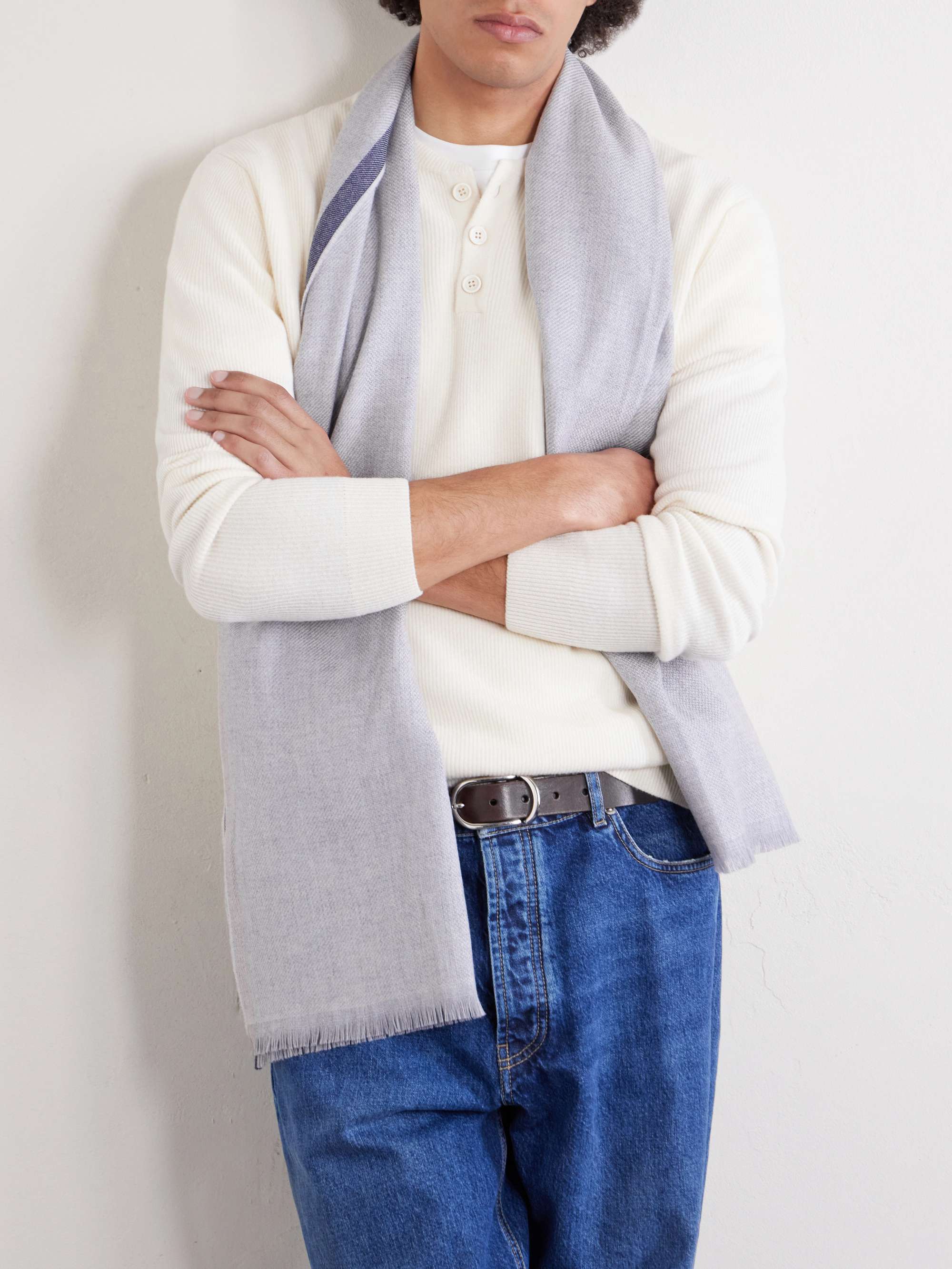 BRUNELLO CUCINELLI Fringed Striped Wool and Cashmere-Blend Scarf