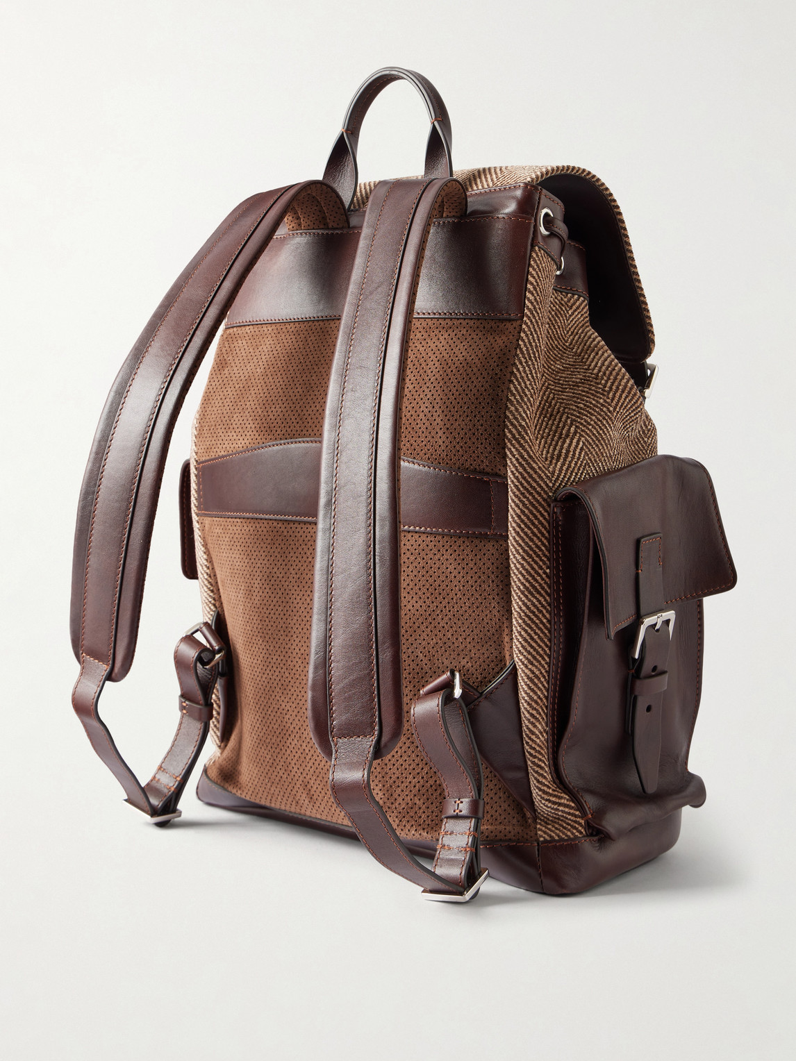  Brunello Cucinelli - Leather-trimmed Herringbone Canvas Backpack - Men - Brown 