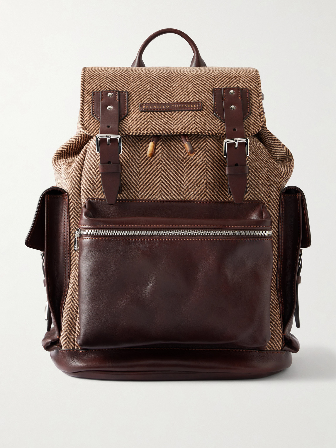 Brunello Cucinelli Leather-trimmed Herringbone Canvas Backpack In Brown