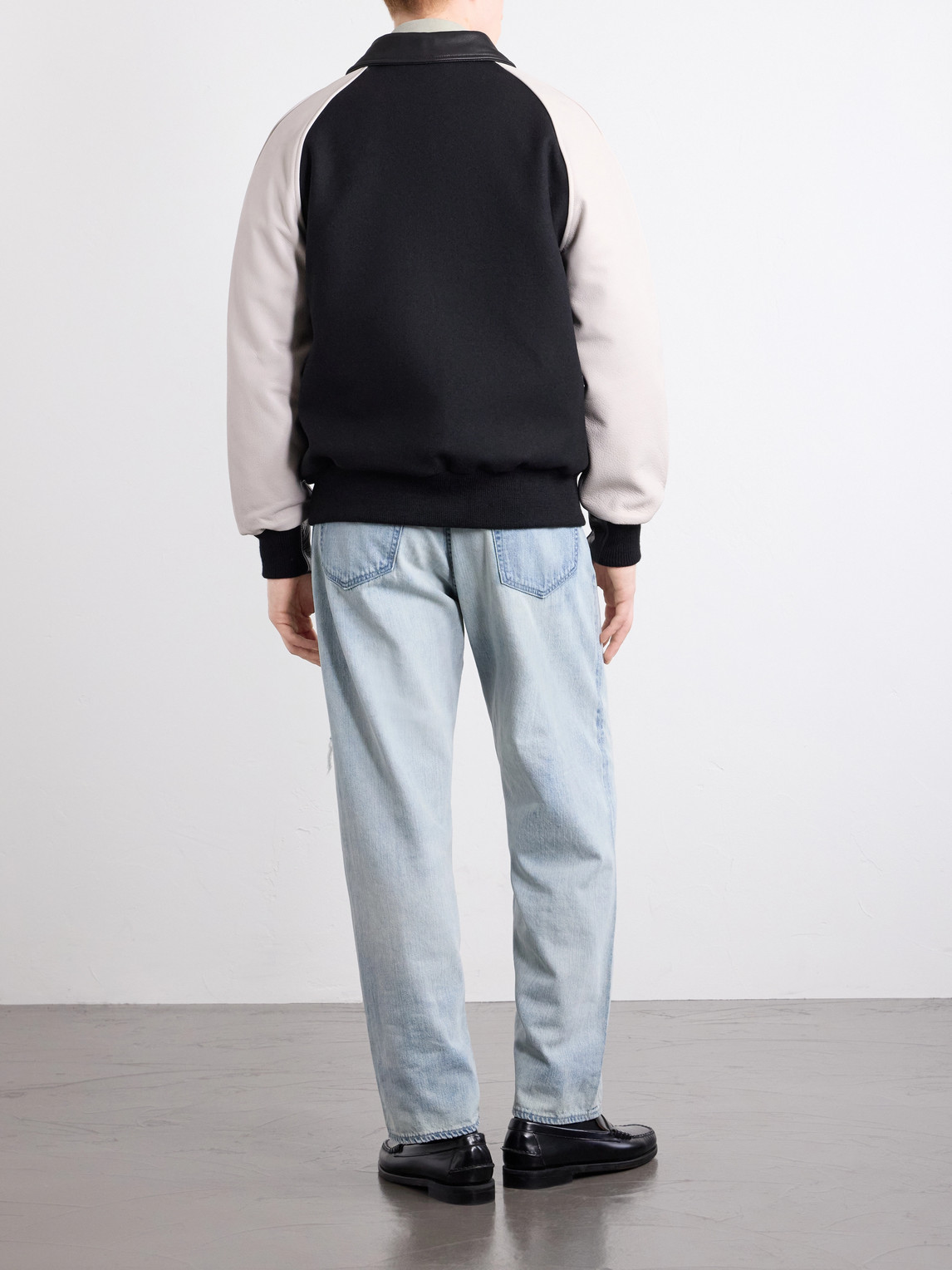 Collared Raglan Leather Trimmed Wool-Blend Bomber Jacket