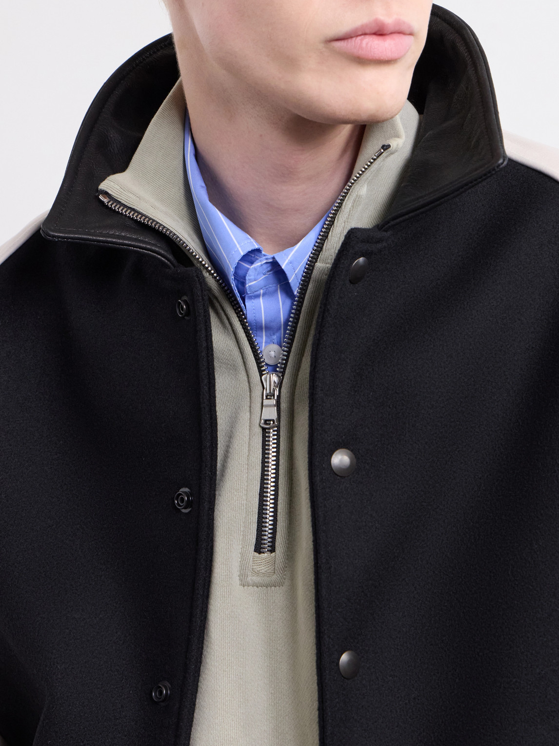 Collared Raglan Leather Trimmed Wool-Blend Bomber Jacket