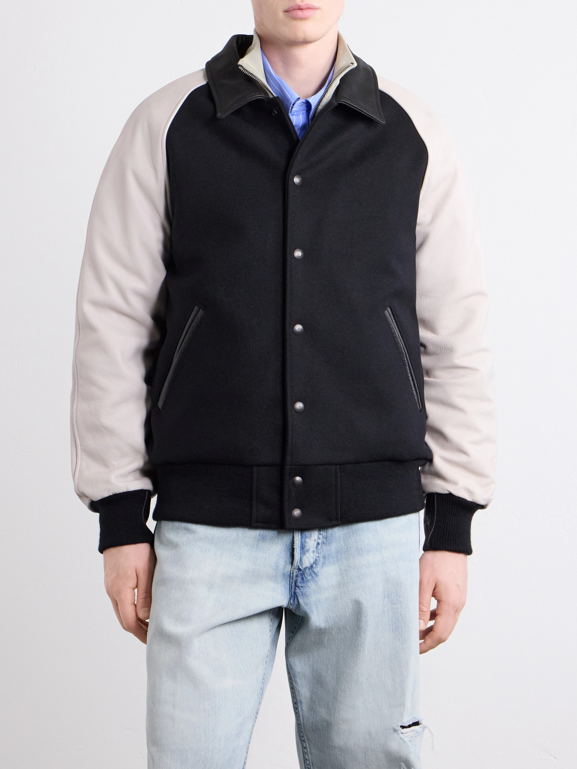 Collared Raglan Leather Trimmed Wool-Blend Bomber Jacket
