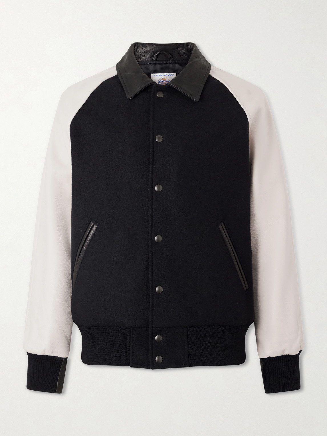 Golden Bear Collared Raglan Leather Trimmed Wool-blend Bomber Jacket In Black