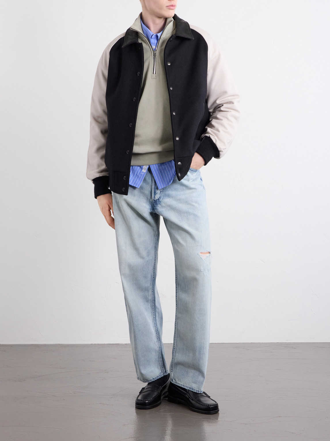 Collared Raglan Leather Trimmed Wool-Blend Bomber Jacket