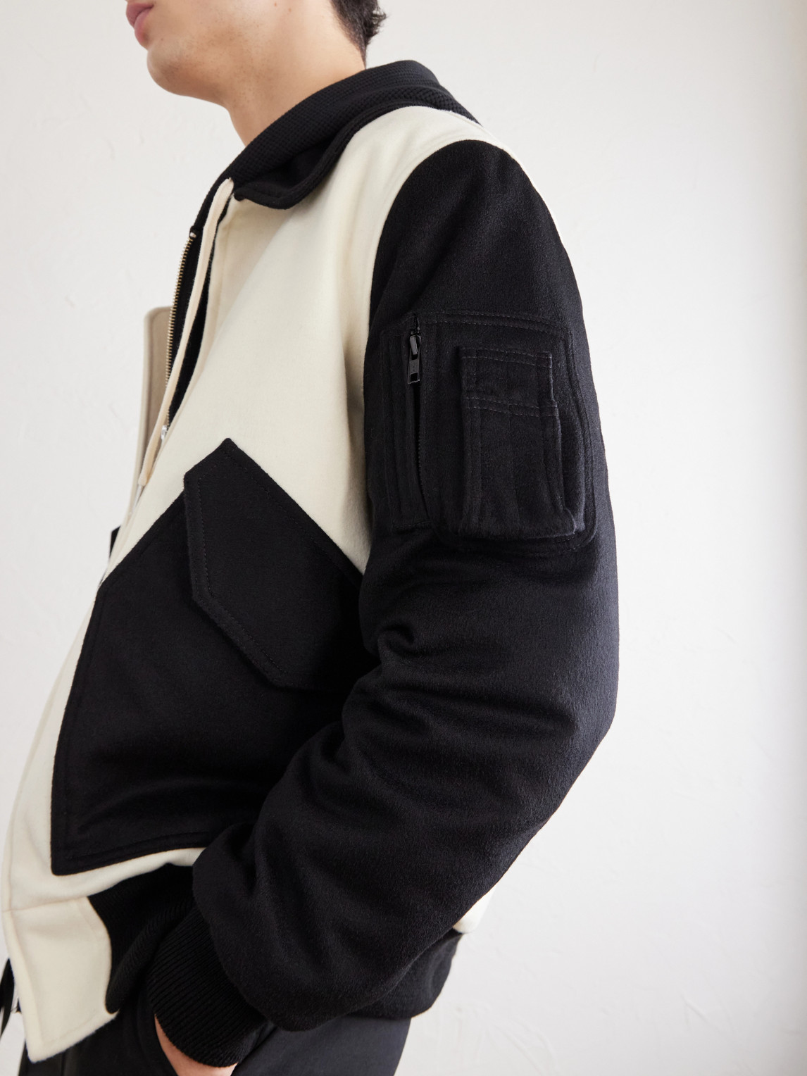 Two-Tone Leather-Trimmed Wool-Felt Bomber Jacket