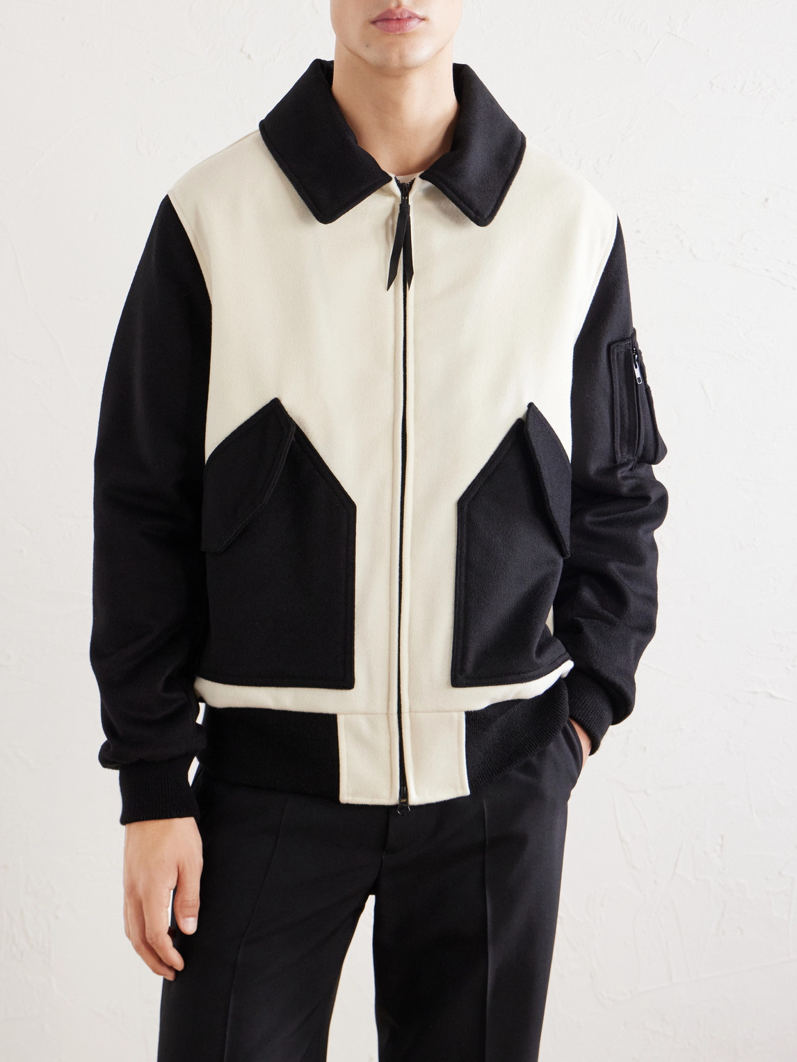 Two-Tone Leather-Trimmed Wool-Felt Bomber Jacket