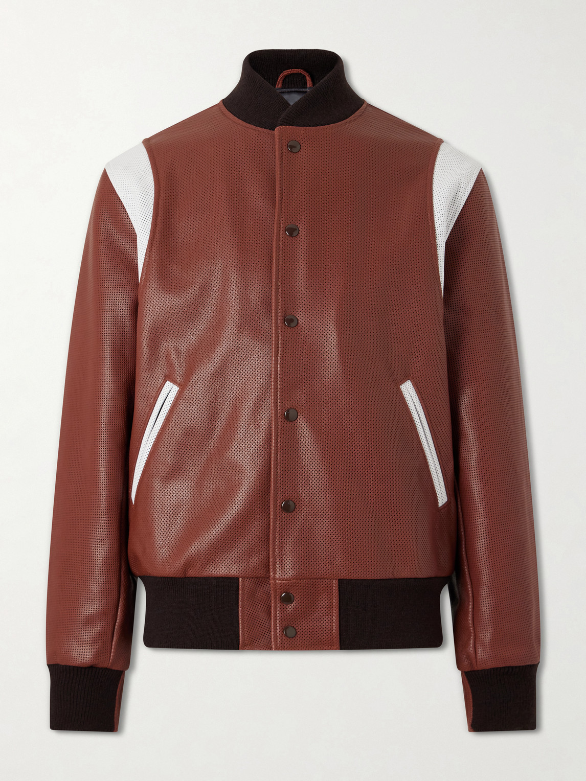 Golden Bear Perforated Fabric Trimmed Leather Jacket In Brown