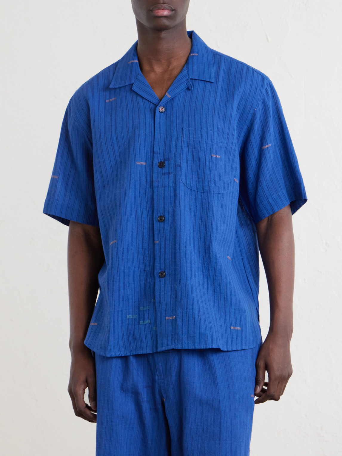  Kardo - Ronald Convertible-collar Embroidered Striped Cotton Shirt - Men - Blue - M 