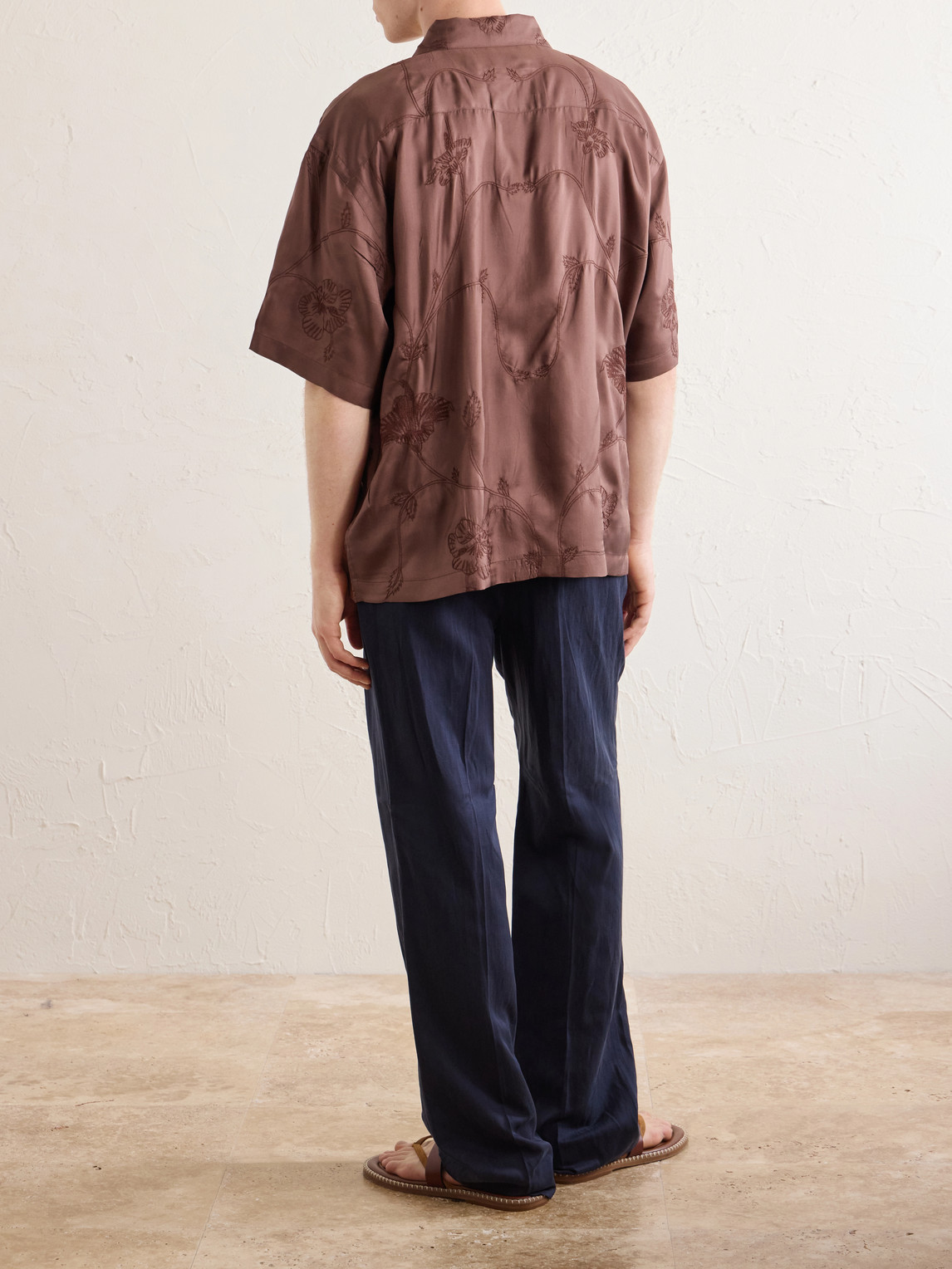 Rohit Convertible-Collar Floral-Embroidered Silk-Satin Shirt