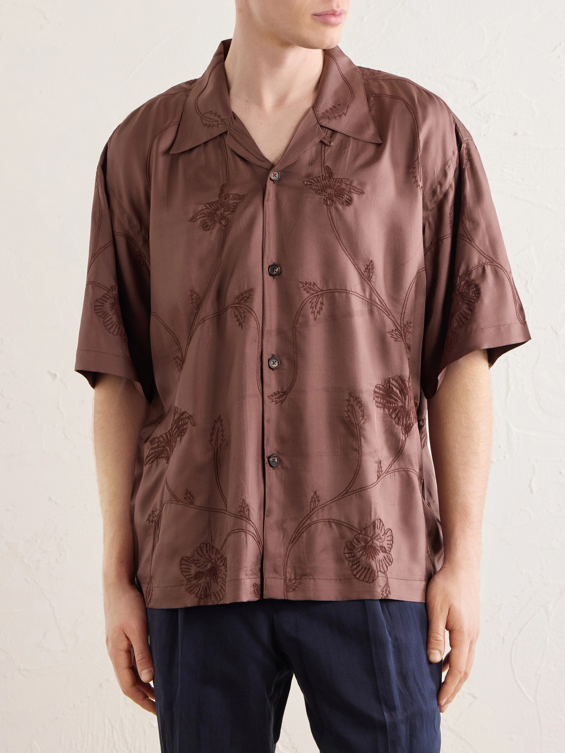 Rohit Convertible-Collar Floral-Embroidered Silk-Satin Shirt