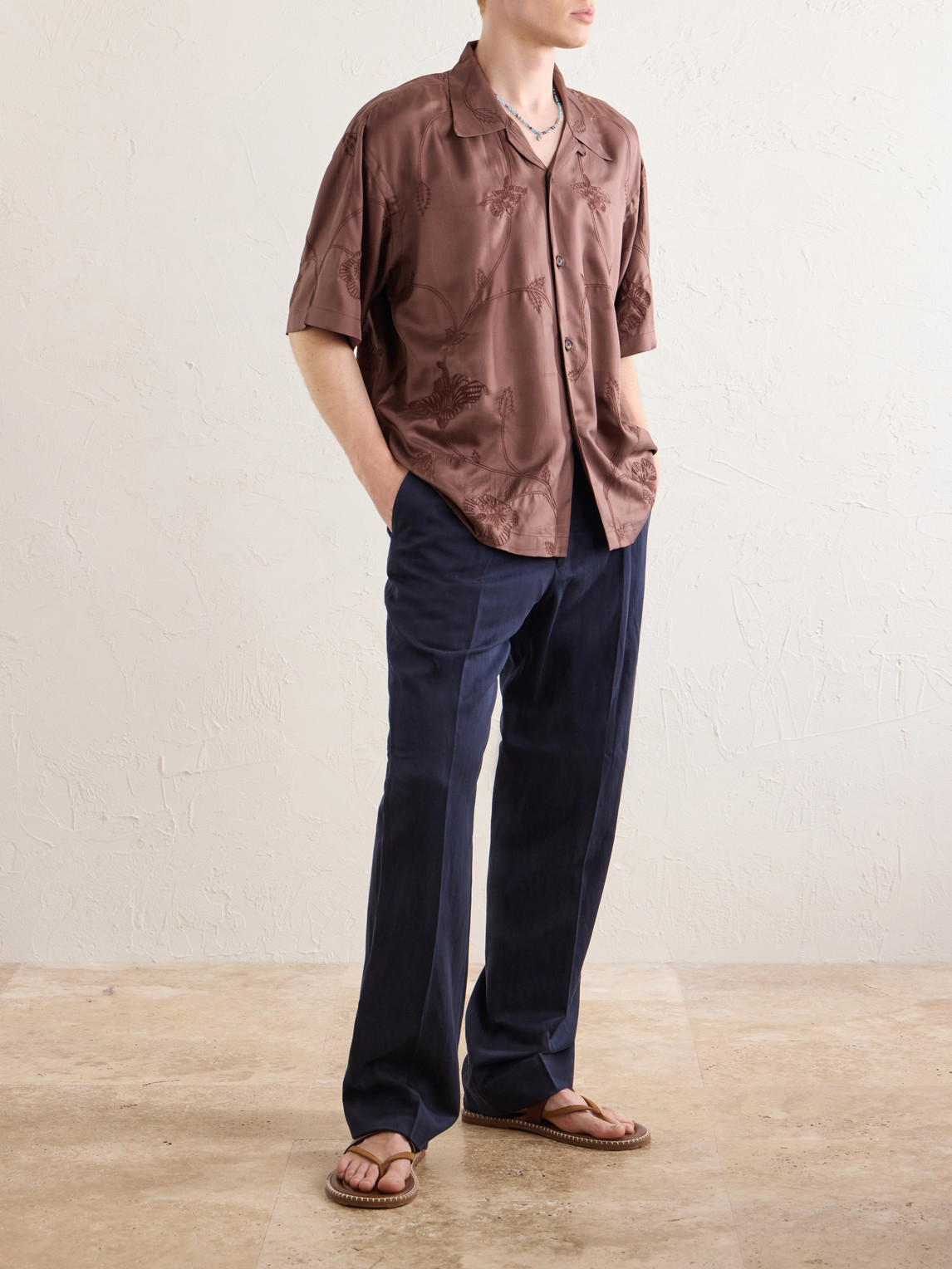 Rohit Convertible-Collar Floral-Embroidered Silk-Satin Shirt
