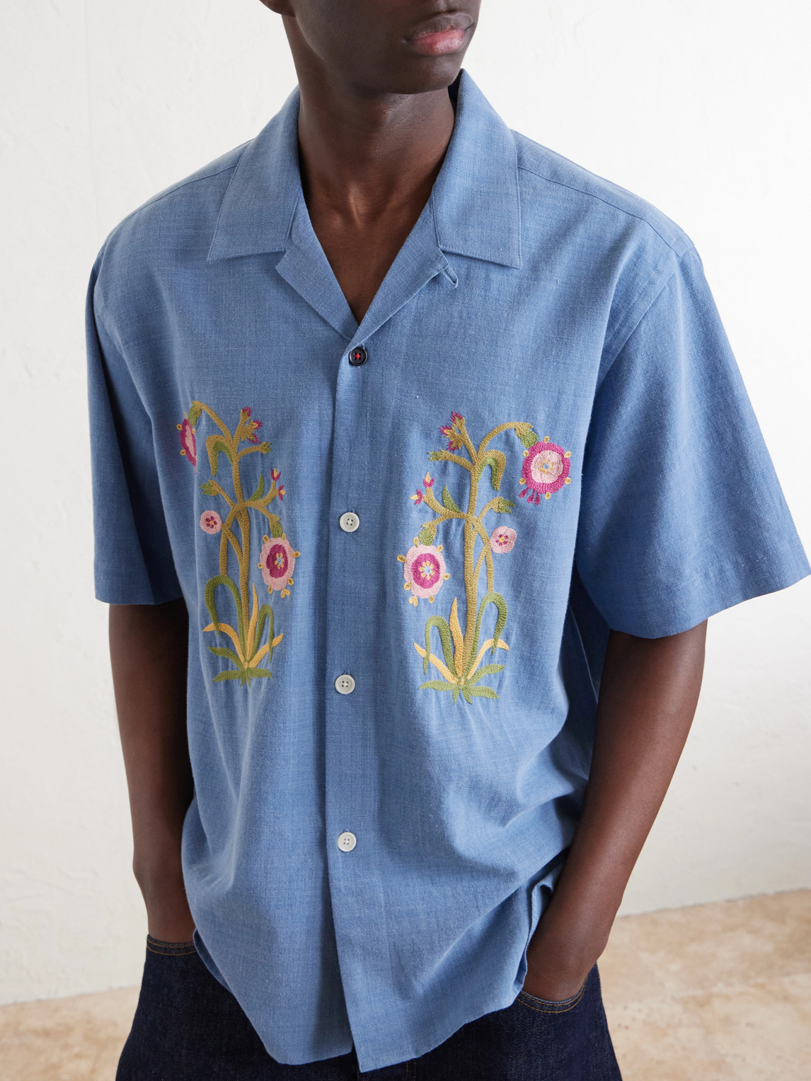 Ronen Convertible-Collar Embroidered Cotton Shirt