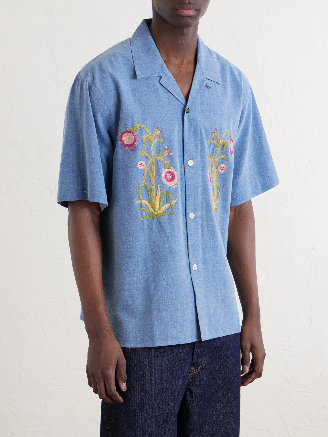  Kardo - Ronen Convertible-collar Embroidered Cotton Shirt - Men - Blue - S 