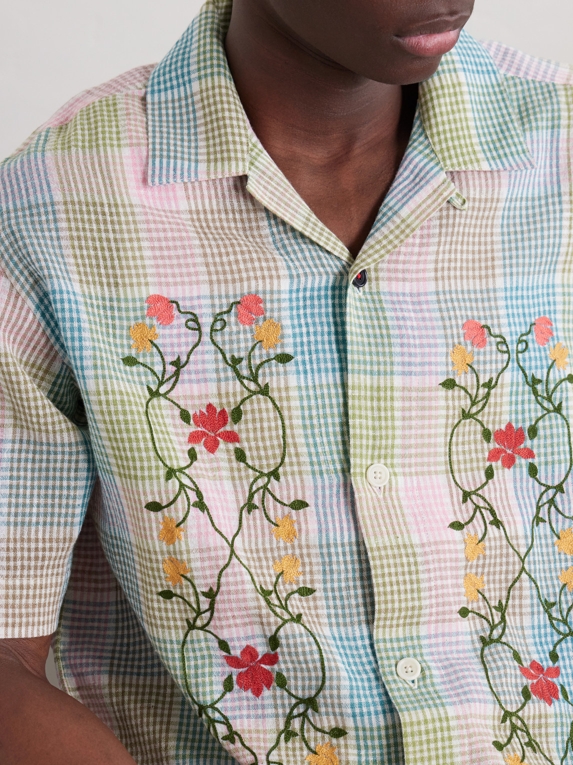 Ronen Camp-Collar Floral-Embroidered Checked Cotton And Linen-Blend Shirt