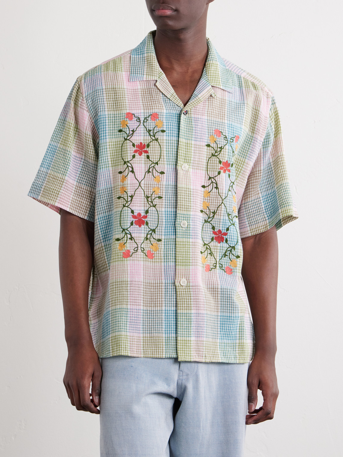 Ronen Camp-Collar Floral-Embroidered Checked Cotton And Linen-Blend Shirt