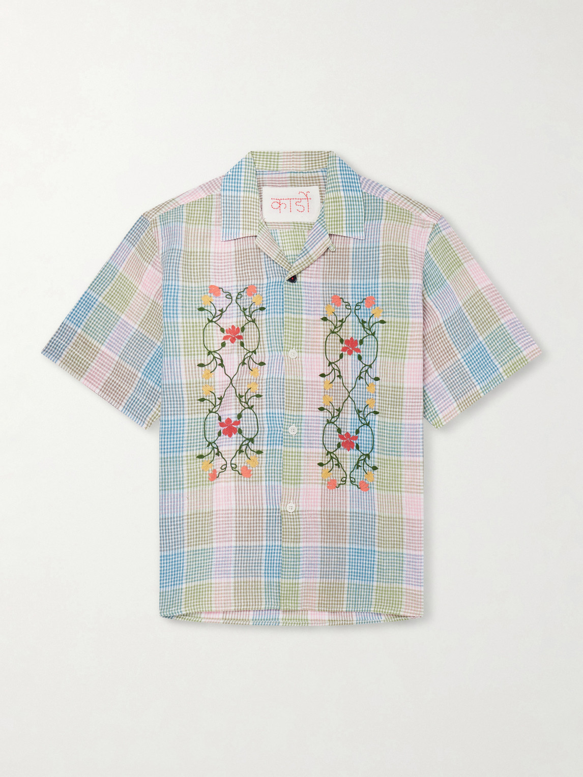 Kardo Ronen Camp-Collar Floral-Embroidered Checked Cotton and Linen-Blend Shirt - Men