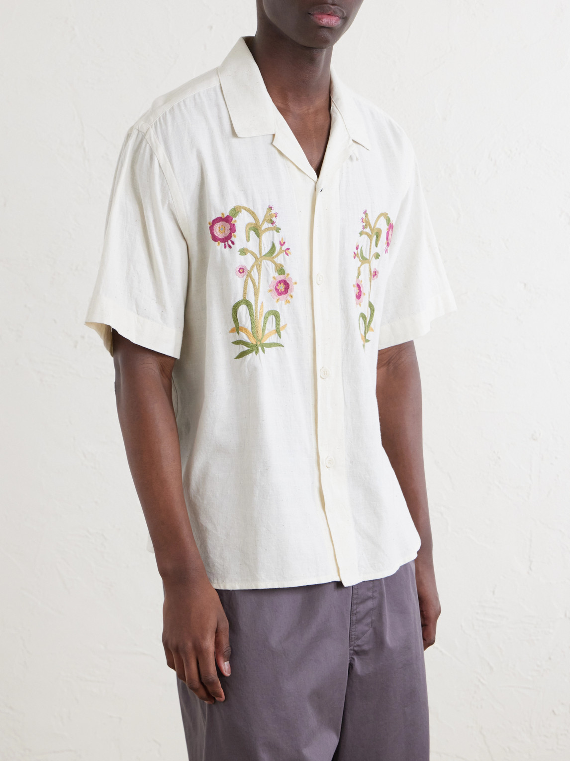 Ronald Convertible-Collar Embroidered Cotton Shirt