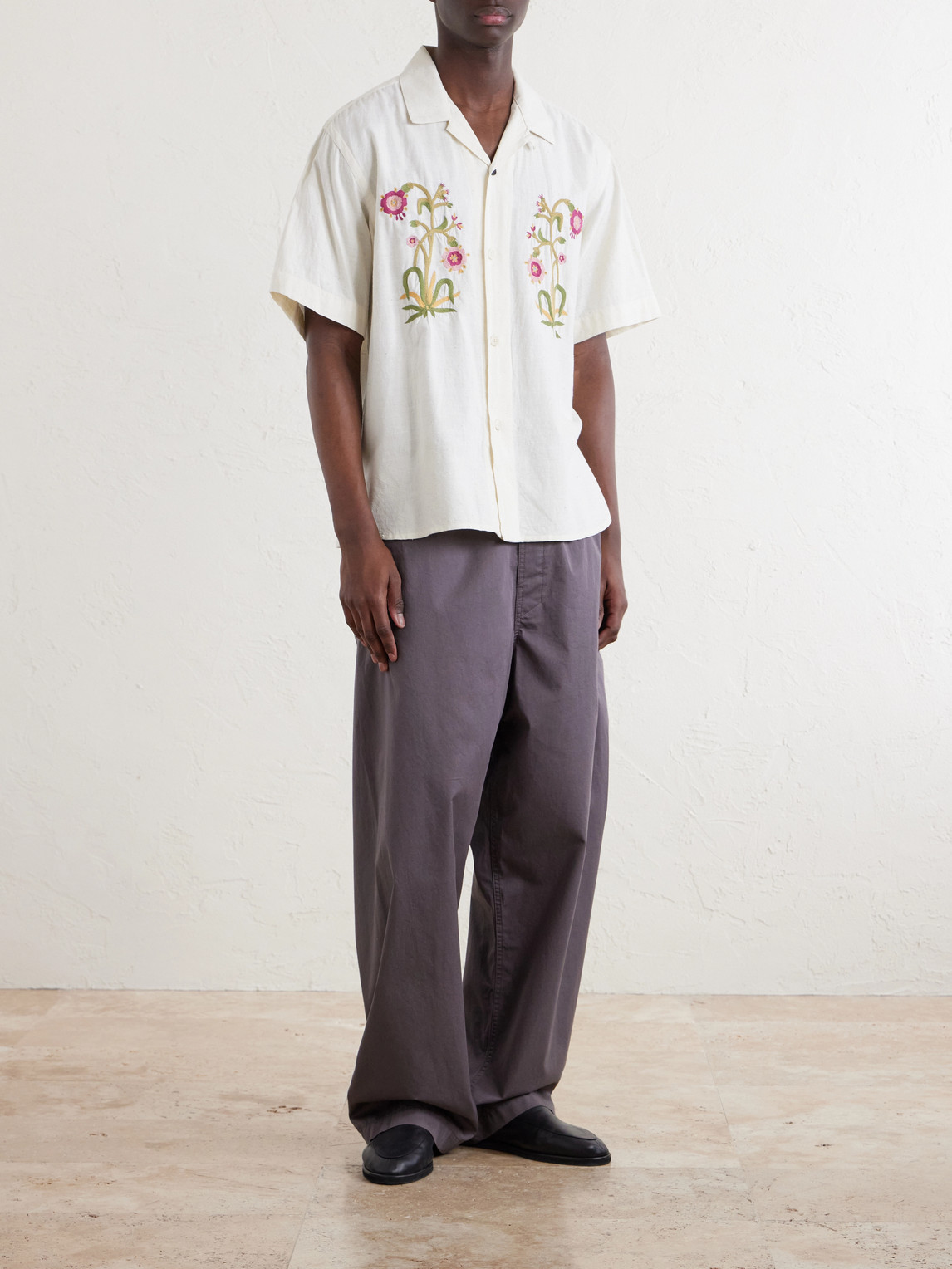 Ronald Convertible-Collar Embroidered Cotton Shirt
