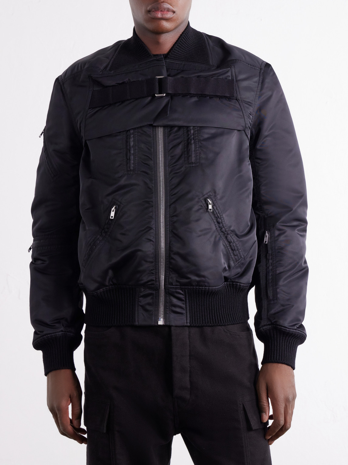 Two-Piece Buckled Rib-Trimmed Satin Bomber Jacket